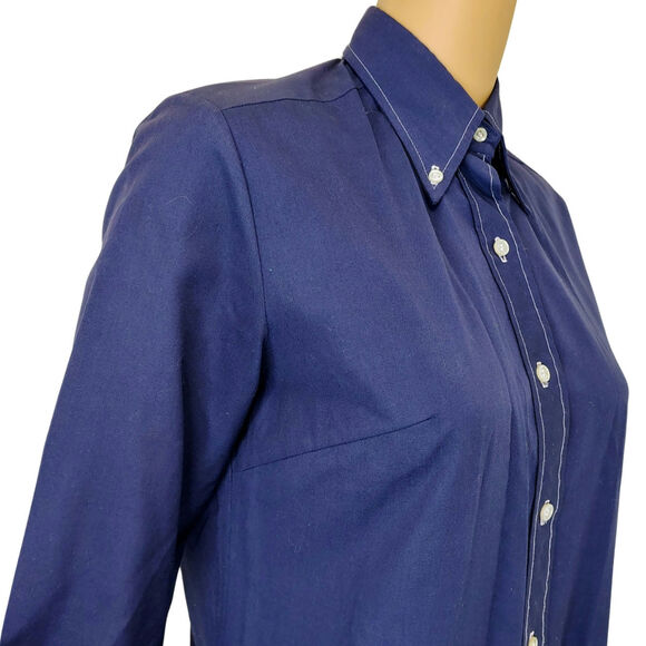 70s Blue Button Down Shirt Dress Wing Tip Collar Seam Button Cuffed Sleeve SZ S - Picture 3 of 5